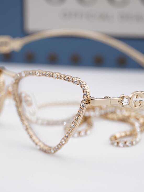 Gucci GG1569S 002 Cat Eye Sunglasses - Gold with White Stone / Brown